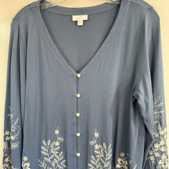J.Jill Floral Expressions V-Neck Tunic Top Blue White Embroidered Floral Size M - Picture 6 of 14